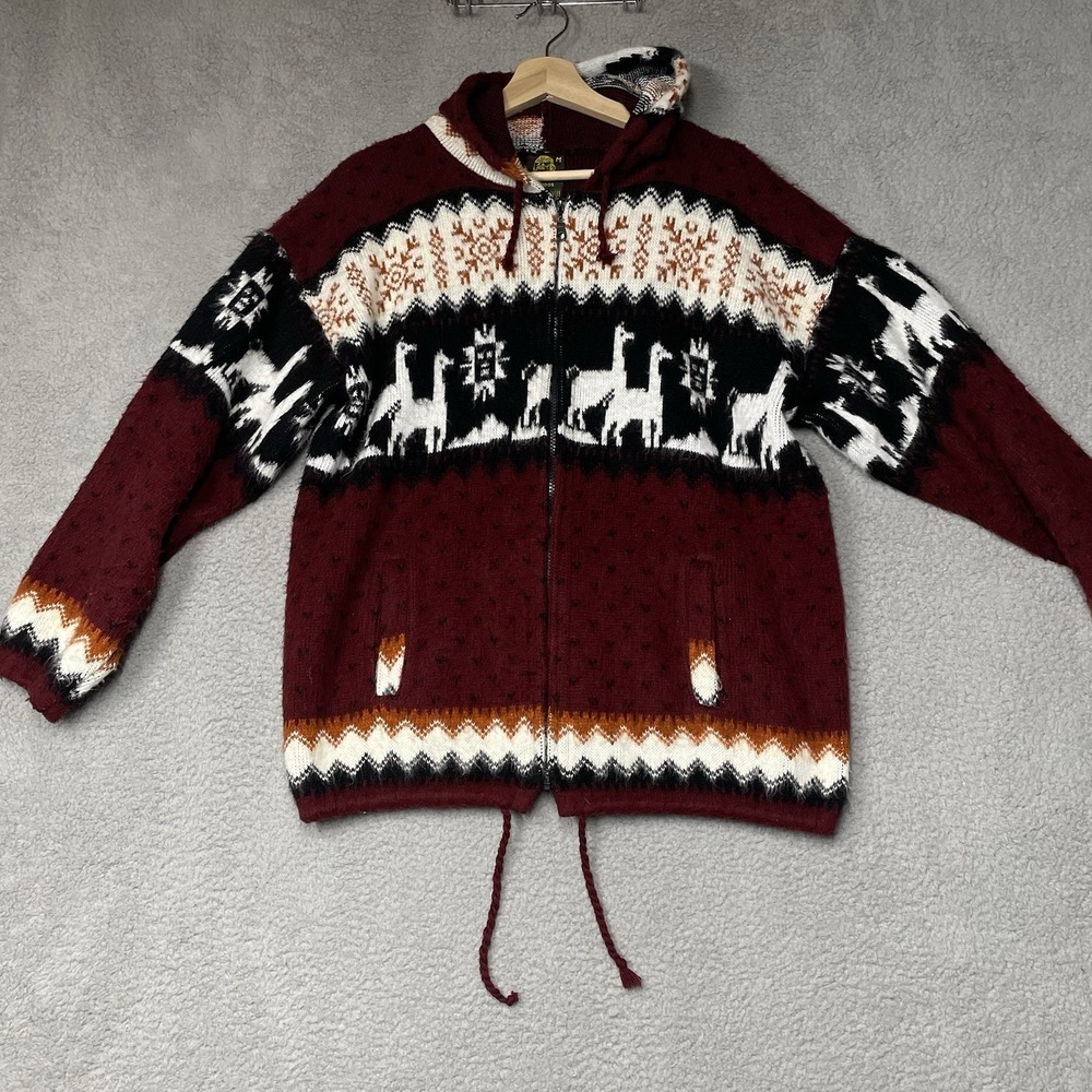 Tejidos Ruminahui Sweater Unisex Medium Red Hooded Alpaca Snow Flake Full Zip